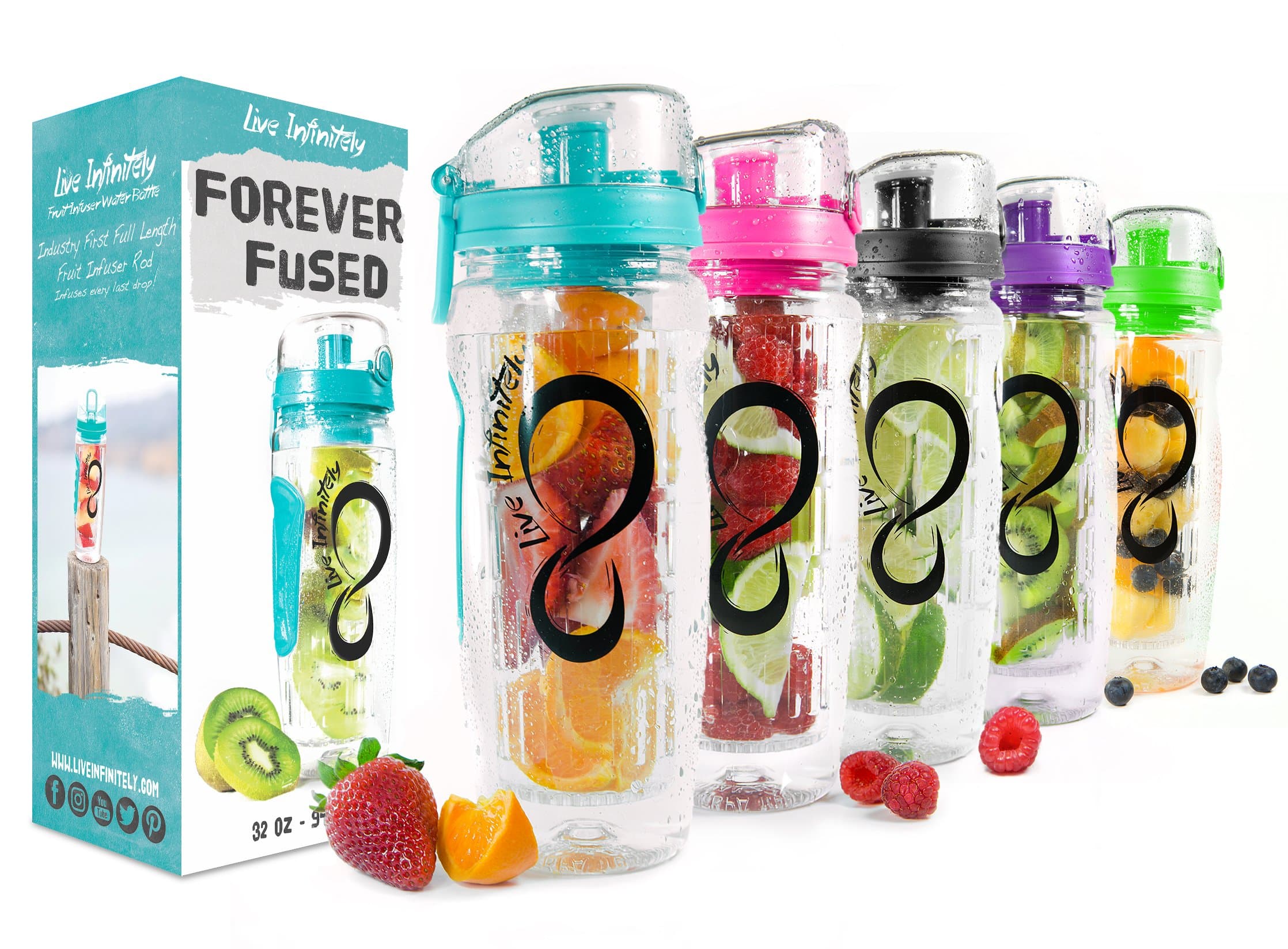 Live Infinitely 32 oz. Infuser Water Bottles - Featuring a Full Length Infusion Rod, Flip Top Lid, Dual Hand Grips & Recipe Ebook Gift (Bright Teal, 32 oz)