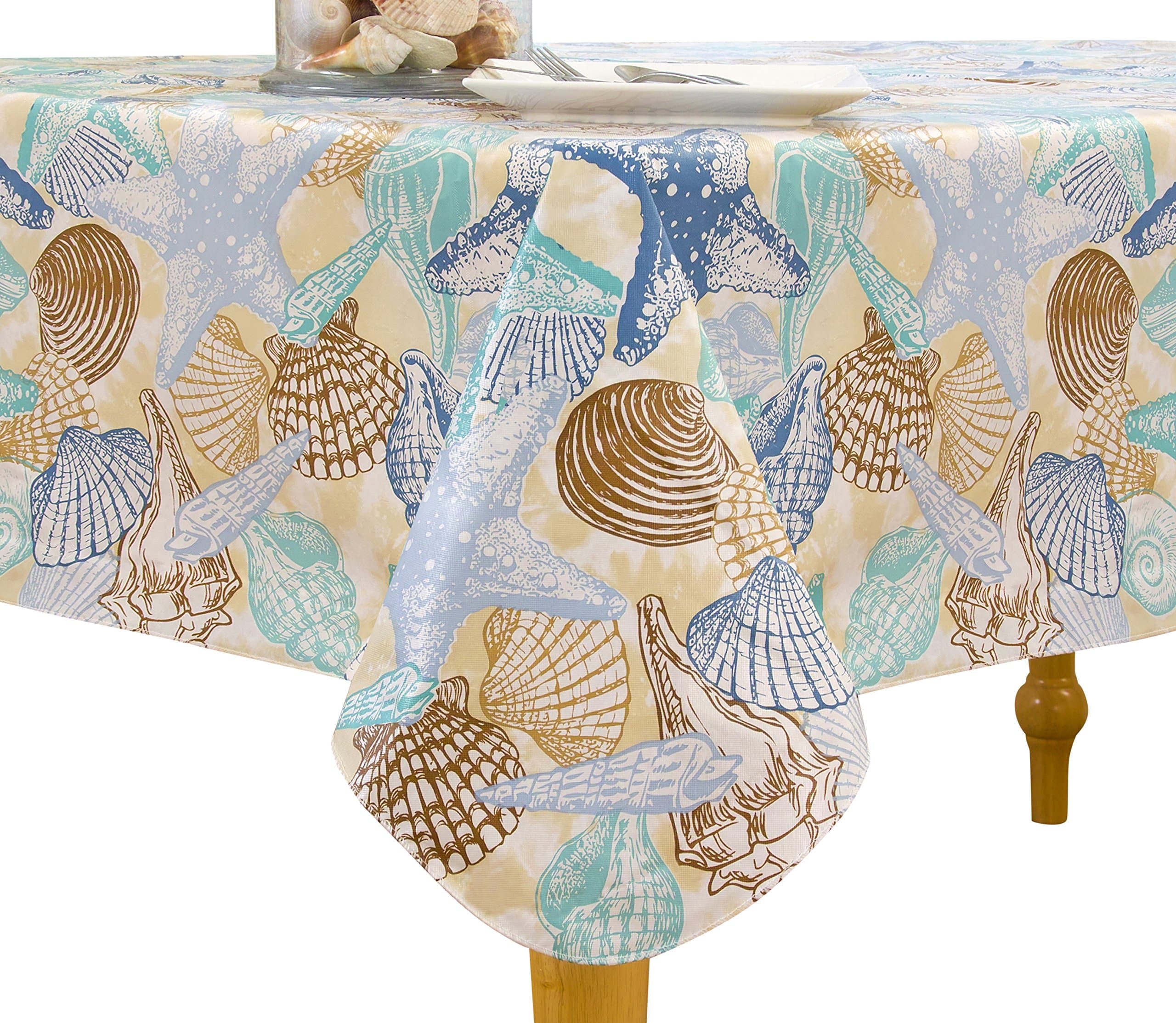 Elrene Home Fashions Vinyl Tablecloth with Polyester Flannel Backing Shell Beach Easy Care Spillproof, 52"x70", Sand Brown Blue