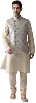KISAH Men's Kurta, Asymmetrical Nehru Jacket & Pajama Set – Traditional Indian Ethnic Wear for Weddings & Festive Occasions