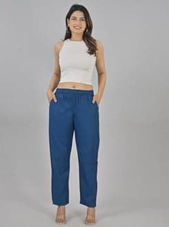 Qashida Women's Cotton Linen Pants, Regular Fit, Fully Elasticated, 2 Side Pockets