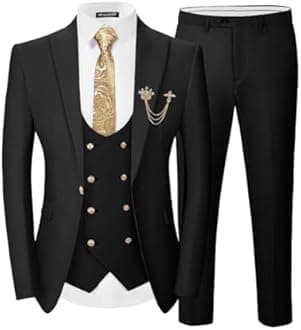 Men's 3 Piece Suits Slim Fit, Blazer Double Breasted Vest and Pants, Wedding Prom Business Suit with Gold Button