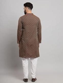 Latest Chikan Men's Cotton Regular Striped Knee Lenght Kurta Full Sleeves