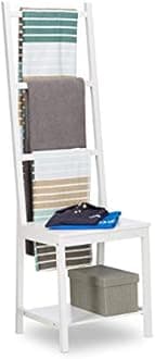 Relaxdays Towel Holder, Clothes Stand, Towel Rack, Valet Butler, Bathroom Chair, Bamboo, HxWxD: 133 x 40 x 42 cm, White