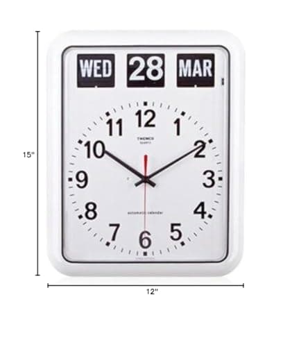 twemco Retro Modern Calendar Day Date Wall Flip Clock BQ-12A (White)