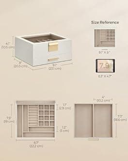 SONGMICS Jewelry Box Organizer with Glass Lid, 2-Layer Jewelry Storage, with 1 Drawer, Modern Style, 8 x 9.1 x 4.1 Inches, Cloud White and Gold Color UJBC174W01