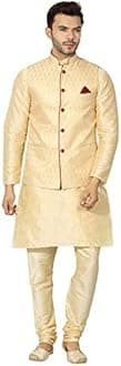 Uri and MacKenzie Men's Silk Blend Regular Kurta Churidar Pyjama with Bundi Nehru Jacket/Waistcoat
