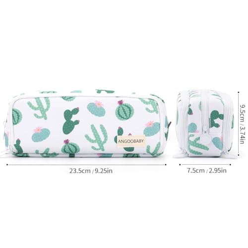 ANGOOBABY Large Pencil Case Big Capacity 3 Compartments Canvas Pencil Pouch for Teen Boys Girls School Students (Green Cactus)