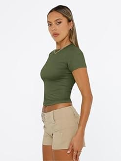 Trendy Queen Womens Short Sleeve T Shirts Summer Crop Tops Basic Slim Fit Gym Workout Y2k Clothes