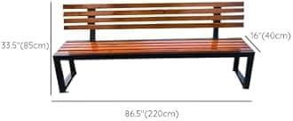 LITFAD Mid-Century Metal Park Bench in Black with Waterproof Wood Seating Gym Rest Bench Patio Bench for Outdoor Use - 87" L x 16" W x 33" H