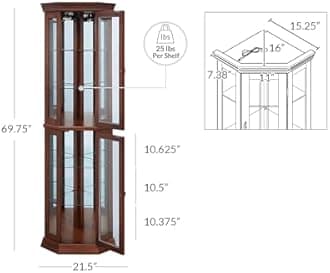 BELLEZE Lorona Floor Standing 5 Sided Lighted Corner Curio Cabinet, Walnut