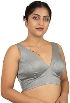 Women's Dupion Raw Silk Sleeveless V Neck Sabyasachi Cut Readymade Saree Blouse Padded Stitched Lining Designer Indian Festive Blouse | S4