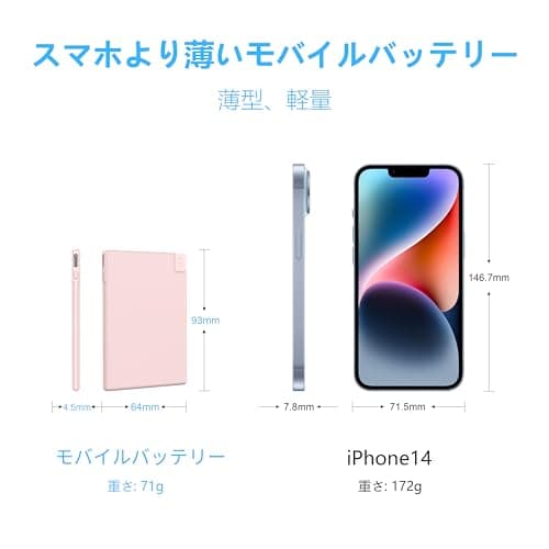 Auskang Mobile Battery, Built-in Cable, Compatible with iPhone 14/13/iPhone SE 3rd Generation/12/11, MFi Certified, 0.1 inch (4 mm), 2,500 mAh Smartphone Charger, Small, Lightweight, Thin, For