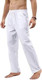 MorwenVeo Men's Linen Pants Casual Long Pants - Loose Lightweight Drawstring Yoga Beach Trousers Casual Trousers - 6 Colors
