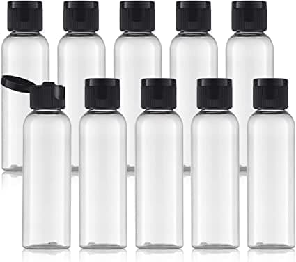 Hunky Dory 12pcs 50ml Empty Clear Plastic Bottles Refillable Travel Size Cosmetic Containers Small Leak Proof Squeeze Bottles with Black Flip Cap for Toiletries,Shampoo. (Pack of 12)