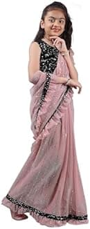 Kids Girls Lycra Blend Saree With Unstitched Sequence Blouse Piece (3-4 yrs to 11-12 yrs) (Baby Pink, 7-8 Years - L)