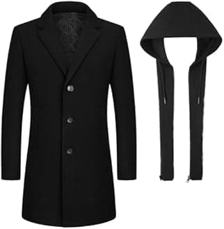KUDMOL Mens Wool Trench Coat Solid Casual Padded Outdoor Overcoat Long hooded Warm Coat Jacket
