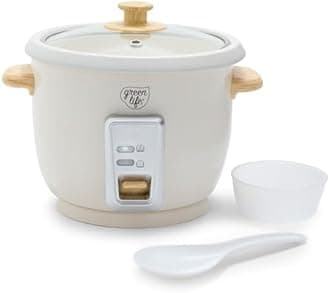 GreenLife 6-Cup Rice Cooker Steamer, PFAS Free Removable Ceramic Nonstick Pot, Auto Presets, Wood Print Handle, Keep Warm Function, One Touch Design, Dishwasher Safe, Measuring Cup, Rice Paddle, Cream