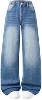 Fulihug Jeans for Girls Baggy Wide Leg Cute Bow High Elastic Waisted Denim Pants Y2K Boyfriend Skater Streetwear 7-14Y