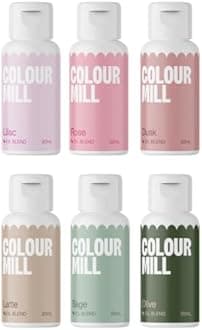 Colour Mill Oil Blend Food Colouring Set Botanicals: Fat-soluble Food Colouring Oil Base: Lilac, Pink, Dusk, Latte, Sage, Olive - Set 6 x 20 ml