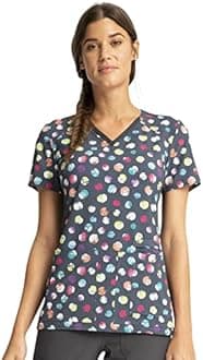 Cherokee Scrub for Women V-Neck Top Traditional fit with Dolman Sleeve and Fade Resistant Fabric - CK636, S, Playful Dots