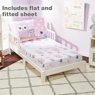EVERYDAY KIDS 4 Piece Toddler Bedding Set - Owls - Soft 100% Cotton Percale - Includes Comforter, Flat Sheet, Fitted Sheet and Reversible Pillowcase