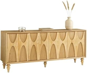 LKTART 62.99" Sideboard Buffet Cabinet with Storage, Solid Wood Kitchen Storage Cabinet Credenza Accent Console Table with Solid Wood Roman Legs Dovetail Door Trim Panel Ash Veneer,Natural Oak