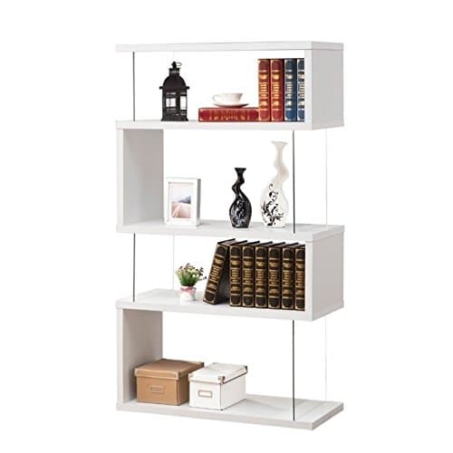 BOWERY HILLCool Modern 4 Shelf Asymmetrical Snaking S-Shape Bookcase in Glossy White and Glass