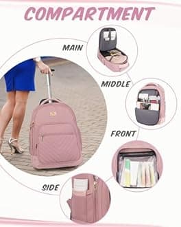 MATEIN Rolling Backpack for Women, 17 Inch Travel Laptop Backpacks with Wheels, Large Carry On Business Luggage Roller Backpack, Waterproof Trolley Suitcase Overnight College Work Computer Bag, Pink