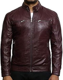 BRANDSLOCK Mens Genuine Leather Biker Jacket Vintage Crinkle Retro (XXL, Burgundy)