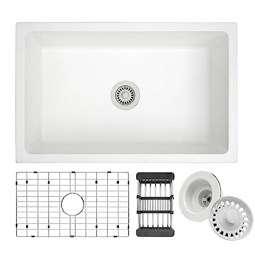 30 Inch White Granite Composite Single Bowl Undermount Kitchen Sink, 29-3/4" x 18-3/4" x 9"