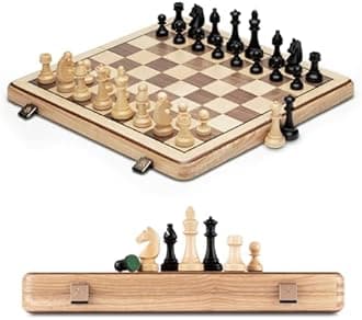 A&A 15 inch Wooden Folding Chess Set w/ 3 inch King Height Staunton Chess Pieces / 2 Extra Queens - Natural European Ash Wood w/Storage Bag