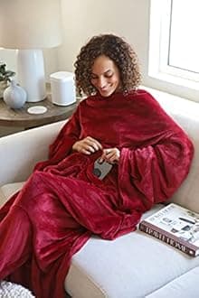 Catalonia Wearable Fleece Blanket with Sleeves and Foot Pockets for Adult Women Men, Micro Plush Comfy Wrap Sleeved Throw Blanket Robe Large, Wine