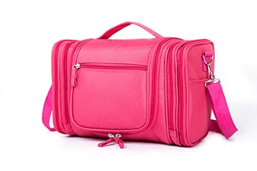 Extra Large Hanging Toiletry Make Up Cosmetic Bag Organizer | with Optional Shoulder Strap | 500D Polyester | Coral