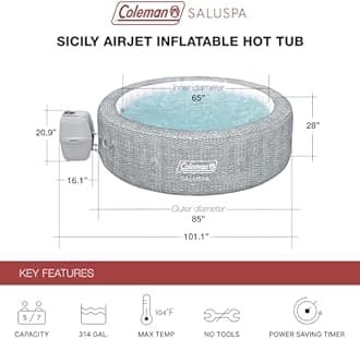 Coleman SaluSpa AirJet 7 Person Inflatable Hot Tub Round Portable Outdoor Spa with 180 Soothing AirJets and Insulated Cover, Gray, Sicily (Standard)