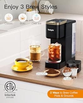 Single Serve Hot & Iced Coffee Maker with Strong Brew, 40oz Removable Reservoir, 6 Brew Sizes, Compatible with K Cup and Grounds, Compact for Home, Office, RV, Black & Gold (2.0 Version)