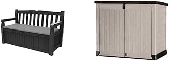 Keter Eden Bench 265L Outdoor Garden Storage Box Garden Furniture - Graphite and Grey & Store It Out Pro Outdoor Storage Shed, 145.5 x 82 x 123cm Beige/Brown