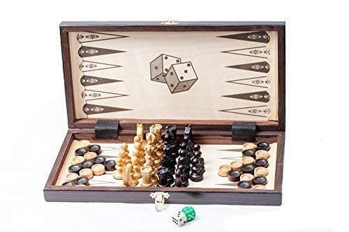 14" 3 in 1 - Cherry Wooden Chess Backgammon Draughts SET