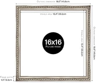 Almost Frameless 16x16 Silver Ornate Picture Frame 16"x16"(40.6x40.6cm) Poster, Photo, Artwork, or Print. Elegant Style Portrait and Landscape Display with Wall Hooks