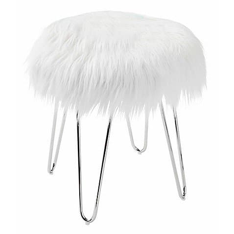 Faux Fur Ottoman in White/Chrome