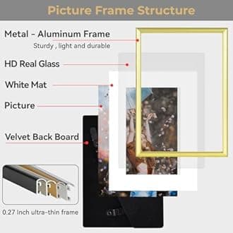 5x7-3P Picture Frame Matte Gold Brushed Thin Metal Float Photo Frame with HD Glass, Fit 4x6 with Mat or 5 x 7 without Mat, for Table and Wall, 3 Pack