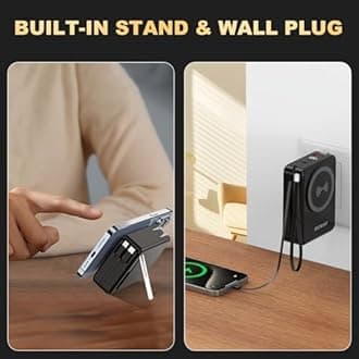 OIZNIAT 10000mAh Portable Charger Power Bank for magsafe, 22.5W Fast Charging Wall Plug Power Bank for iPhone Andriod Sumsung 5 in 1 Travel Wireless Charger Built in USB C Lightning Cables-B