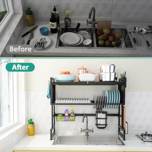 bukfen Dish Drying Rack, Over The Sink Dish Drainer Drying Rack 2 Tier Dish Rack with Cover for Kitchen (Black, Large 37.40 Length)