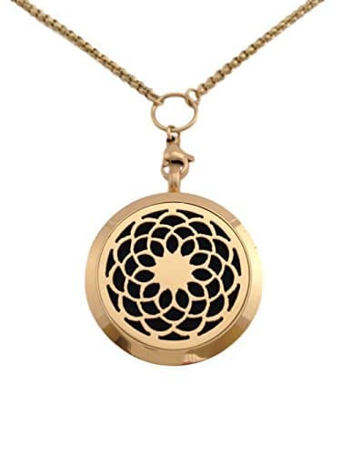 Essential Oils Diffuser Jewelry Aromatherapy Necklace Stocking Stuffer Gold Plated 316 Stainless Steel Lotus Flower Sunflower Pendant Locket 24” 2.5mm Chain and 7 Washable Refill Pads