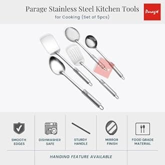 Parage 5 Pieces Stainless Steel Pipe Handle Kitchen Tool Set for Cooking, Set of 5, 35 cm, Silver (Contains: 1 Ladle, 1 Skimmer,1 Turner, 1 Spatula, 1 Slotted Turner)