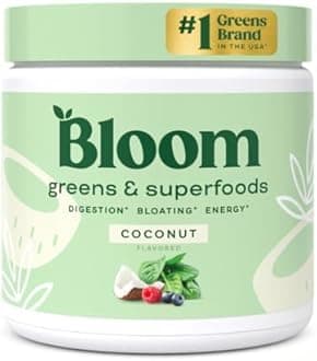 Bloom Super Greens Powder Coconut (30 Servings) Blends Probiotics, Digestive Enzymes, Spirulina, and Chlorella to Support Women’s Gut Health, Ease Bloating, and Promote Healthy Digestion Naturally