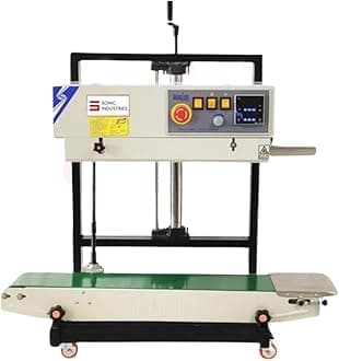 Sonic Industries 5KG Vertical Band Sealing Machine for Food Packets ? Stainless Steel, 220V/110V, 0-12m/min Speed, 0-12mm Seal Width, Plastic Bag Sealer for Pouches, Covers, Packaging, and Vacuum Bags