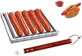 i Kito Charcoal Stainless Steel Hot Dog Sausage Roller Rack Steamer with Extra Long Wood Handle BBQ Tools 5 Section Brat Griller