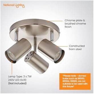 National Lighting Arezzo Modern 3 Way Decorative Nickel Finish GU10 LED Compatible Round Adjustable Dimmable Ceiling Spotlight, Satin Chrome