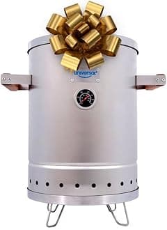 Universal (6-pound) Stainless Steel (Small) Charcoal Barrel Smoker with Thermometer & Airlock system - 16.5"x 21.18" x ⌀11.81", 2 in 1 Vertical Smoker - Grill and Smoker, 6-serving Slow Cooking Smoker