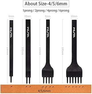 WUTA Leather Hole Punch Tool Pricking Iron Hole Puncher 6mm 1/2/4/6 Prong Tooth Lacing Diamond Stitching Chisel Set for DIY Leather Craft Kits (Black)